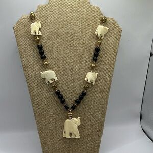 Elephant Necklace With Trunks Up! Black and Gold tone Beaded Necklace